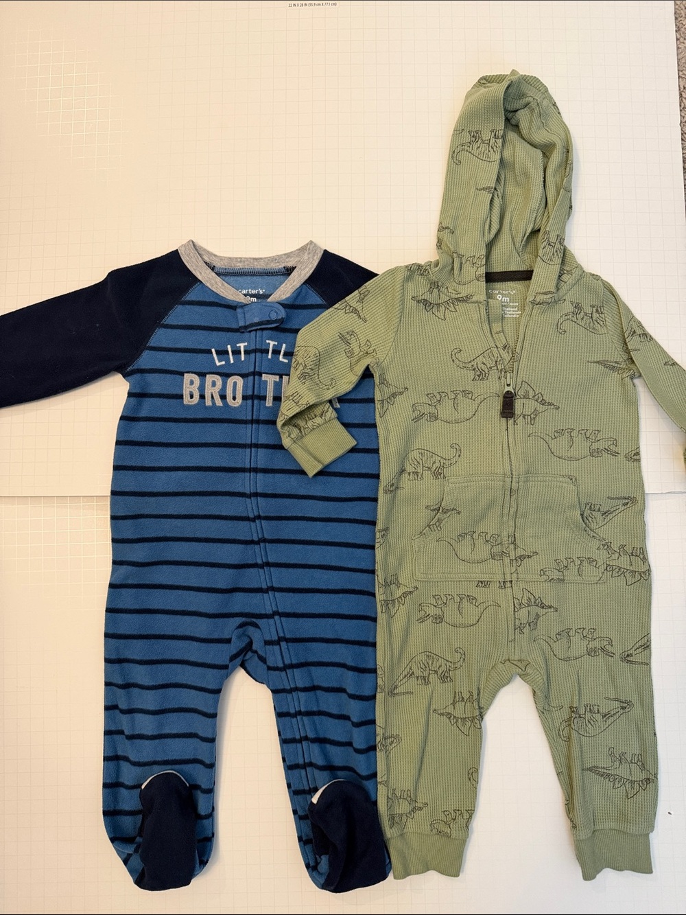 Carter's Blue Striped One-Piece & Green Dino Hooded Footie Set Size 9M